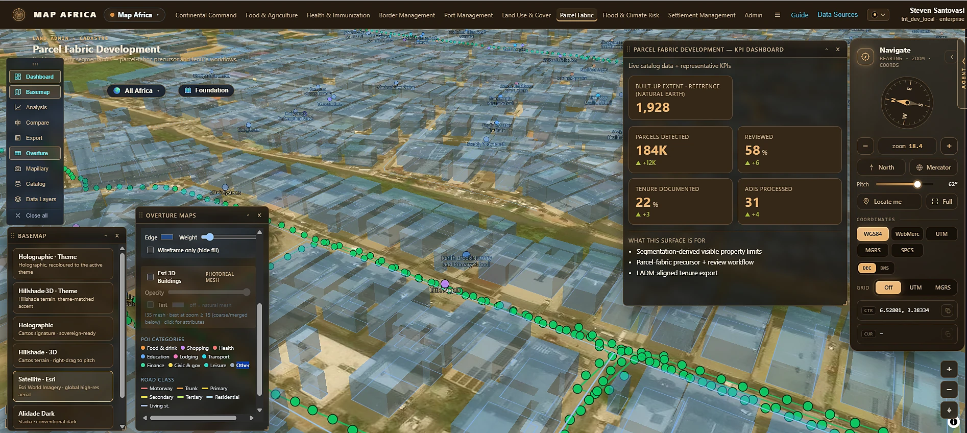 Cartos Africa — Parcel Fabric Development: 3D building mesh over Lagos with the module's dashboard, showing the built-up-extent reference count live alongside representative candidate-workflow tiles. A real LADM cadastral ingest — an Esri Parcel Fabric adapter plus a generic ArcGIS FeatureServer adapter — now feeds this module with actual parcels and tenure.
