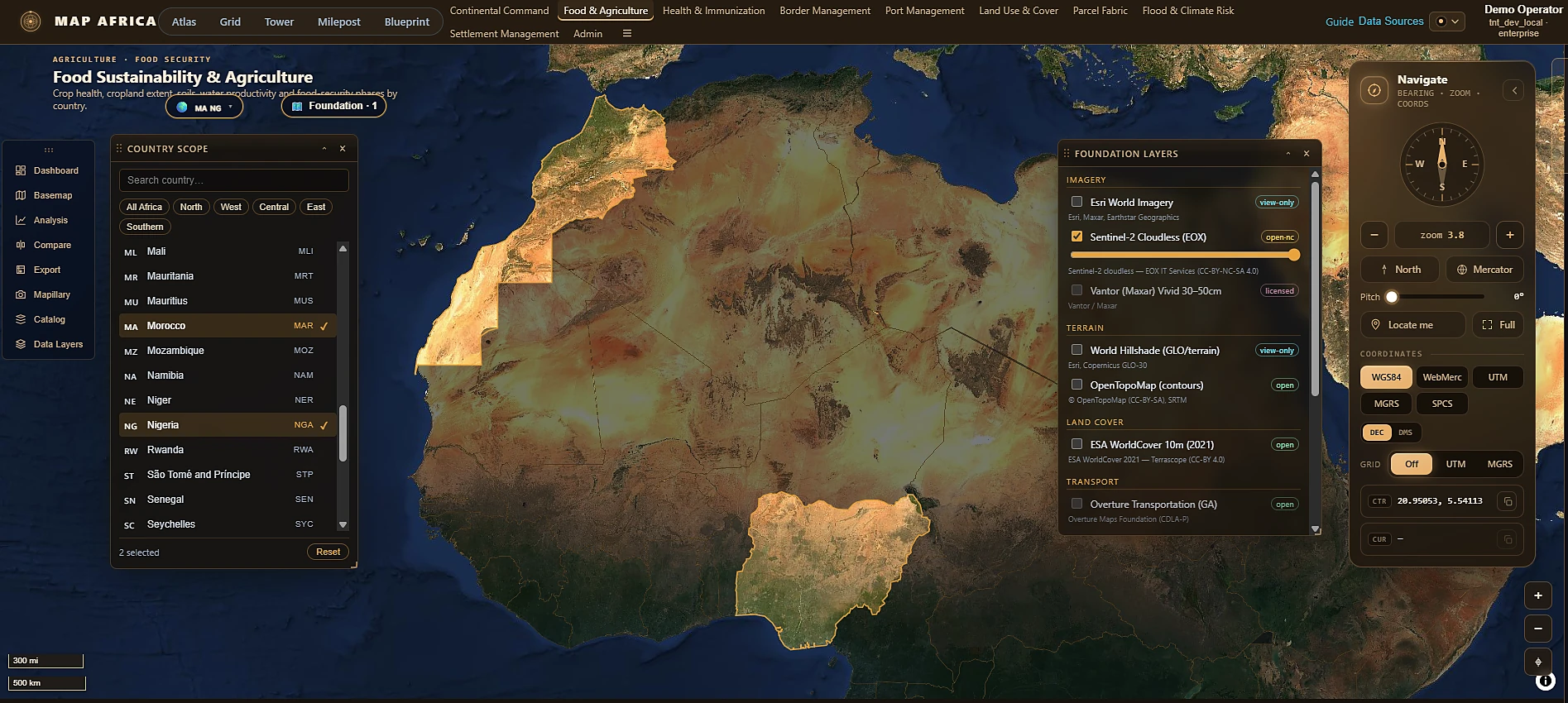 Cartos Africa — the country-scope panel with Morocco and Nigeria both selected, filtering the continental view, beside the foundation-layer catalogue of imagery, terrain, land cover and transport.