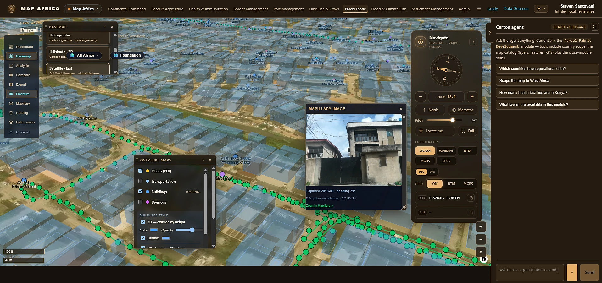 Cartos Africa — Mapillary street-level imagery opened over the 3D Overture building fabric, with the agent's suggested questions panel.