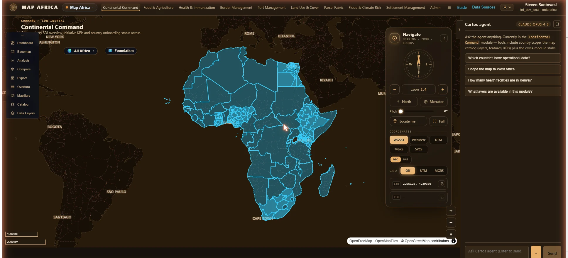 Cartos Africa — Continental Command over the whole African continent, all 54 African Union states highlighted, with the country-scope selector, foundation layers, and the Cartos AI agent panel.