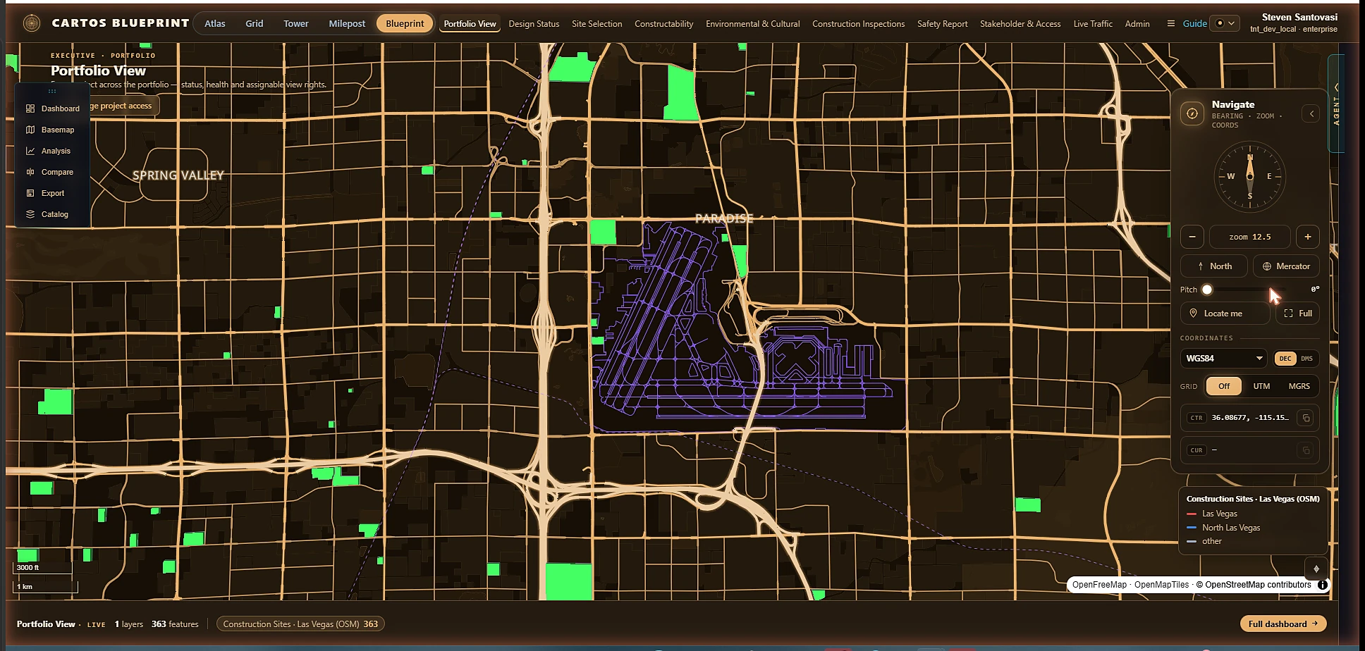 Cartos Blueprint — zoomed into the detailed construction-site footprints at the Harry Reid area.