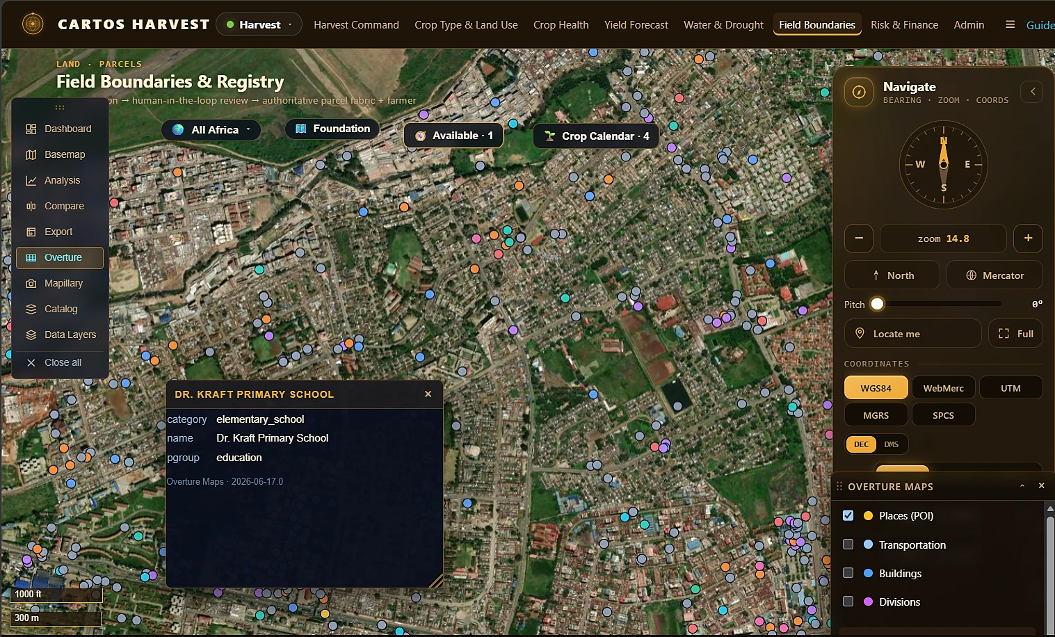 Cartos Harvest — Field Boundaries & Registry with Overture Places points over high-resolution imagery and a selected feature's attribute card, part of the segmentation → human review → authoritative parcel fabric workflow.