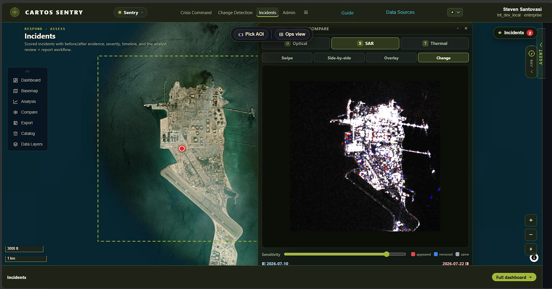 Cartos Sentry — SAR change detection over the Das Island terminal AOI, cloud-independent, with a sensitivity slider and appeared/removed/same classes.