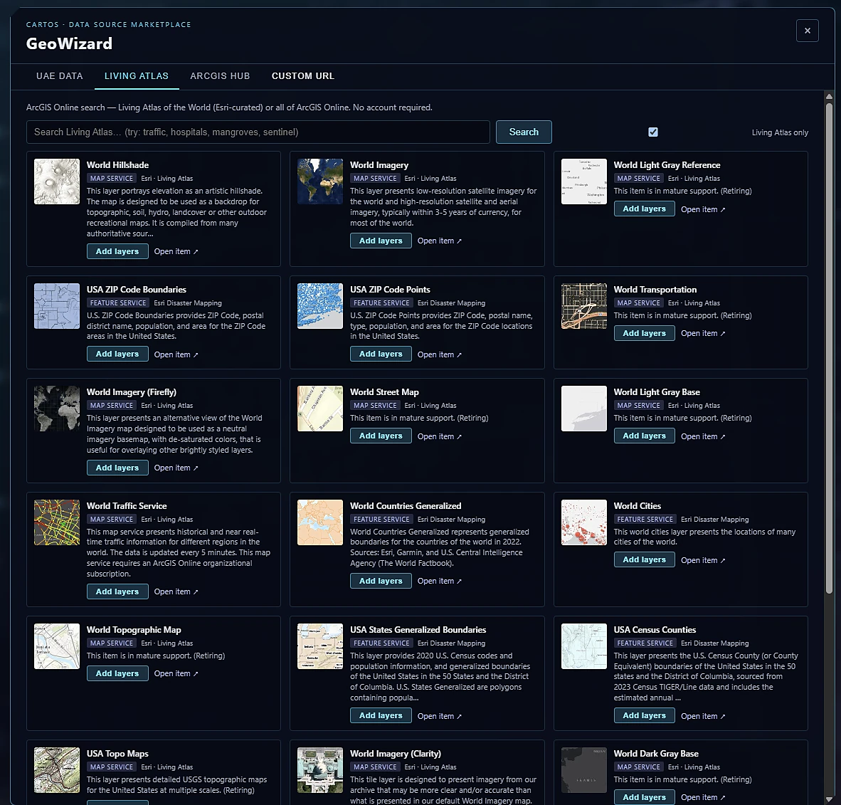 The GeoWizard data-source marketplace listing federal, international, and UAE geospatial data sources ready to add as layers.