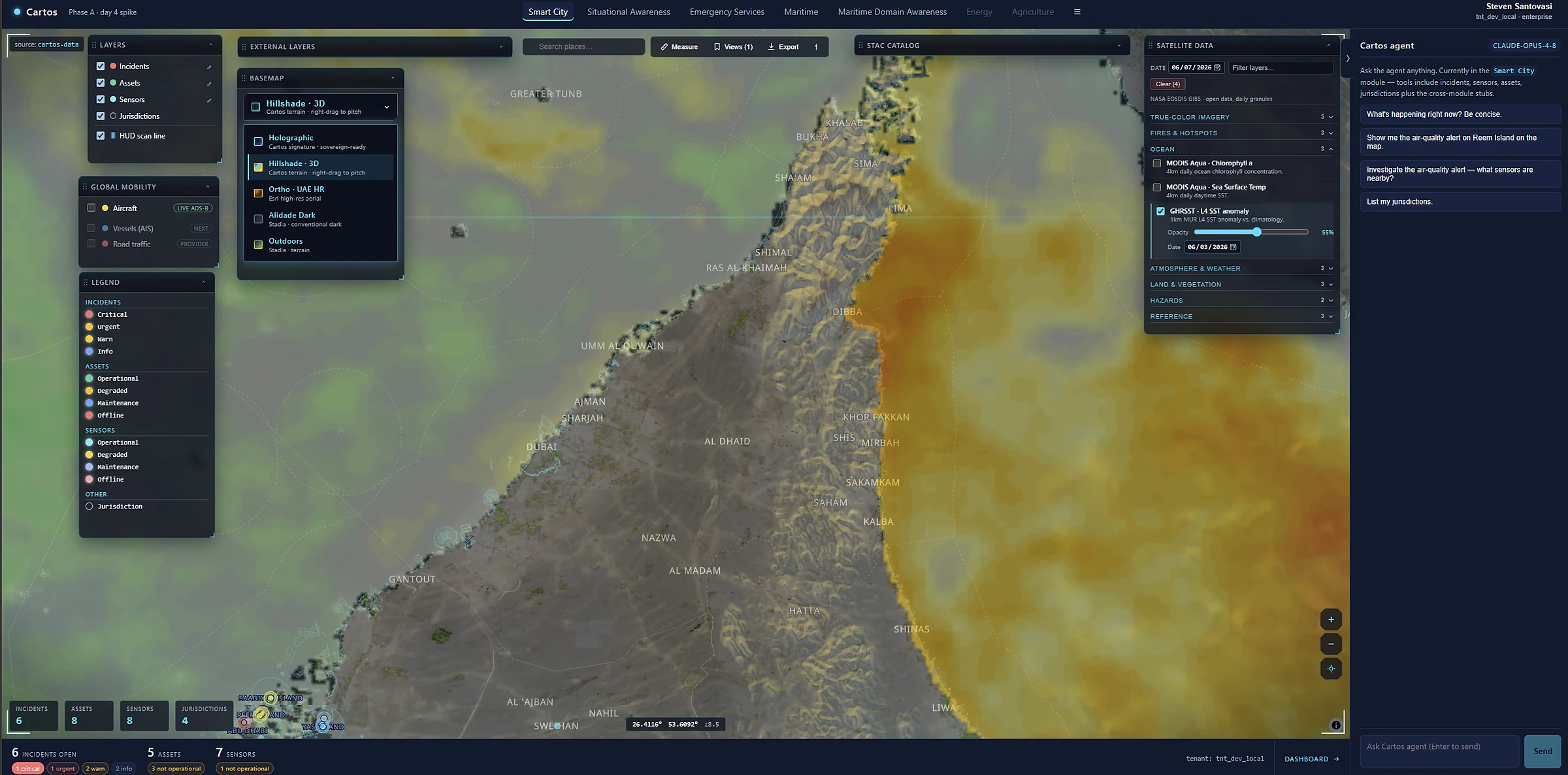 A continuous environmental heatmap over the UAE coastline rendered as a smooth colour gradient in Cartos.