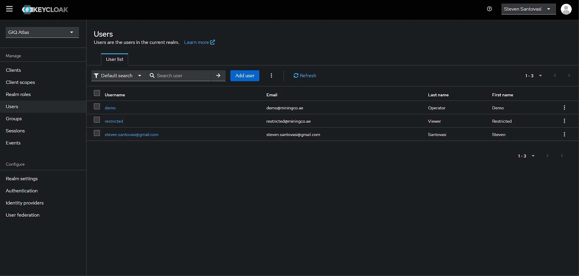The Keycloak identity console backing Cartos — a sovereign, federation-ready identity provider.