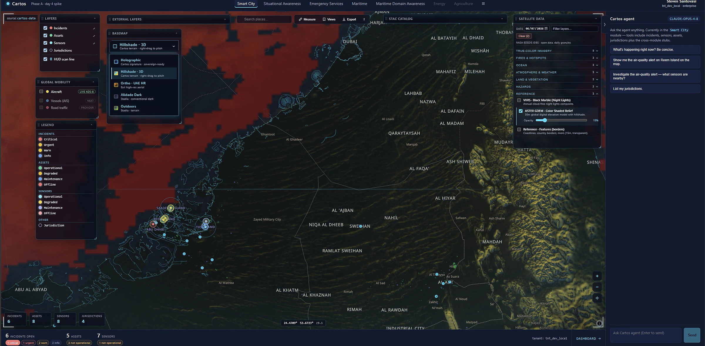 A wide regional Cartos map with terrain shading and vessel and asset markers across territorial waters.