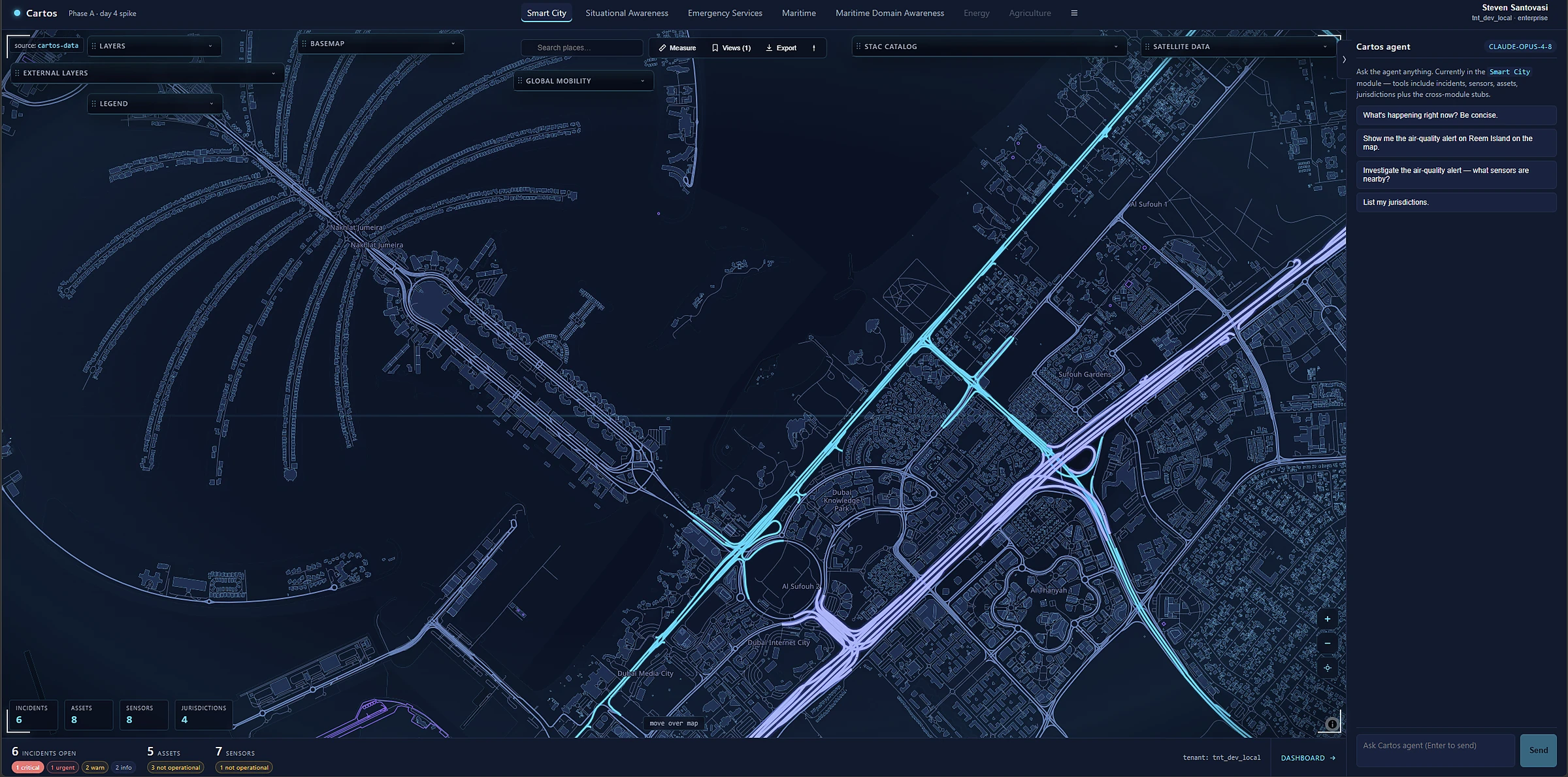 A stylised vector view of a city road and transport network, with corridors highlighted in cyan and violet over a dark base map.